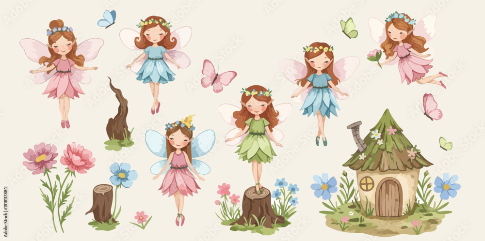 Fototapeta premium Whimsical illustration of multiple fairies and a tiny house surrounded by flowers