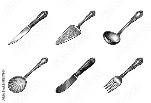 Vintage engraving of ornate silverware set featuring decorative cutlery including knives, forks, spoons, ladles, and cake servers in an antique woodcut style.