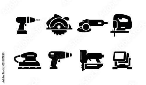 Workshop power tools: electric drill, circular saw, angle grinder, jigsaw, power sander, heat gun, nail gun, work light