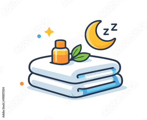 Calm daily habit of preparing a relaxing evening routine at home after a long day, a folded towel paired with a small moon icon representing wind down