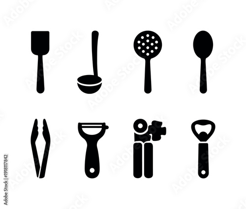 Home kitchen utensils: spatula, ladle, slotted spoon, cooking spoon, tongs, peeler, can opener, bottle opener
