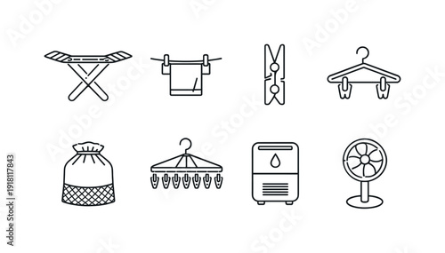 Home laundry drying tools: drying rack, clothesline, clothespin, hanger clip, mesh laundry bag, drying hanger, dehumidifier, floor fan