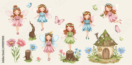 Whimsical illustration of multiple fairies and a tiny house surrounded by flowers