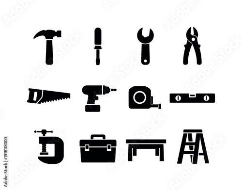 Garage hand tools: hammer, screwdriver, wrench, pliers, hand saw, drill, tape measure, level, clamp, toolbox, workbench, ladder