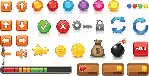 Glossy mobile game UI kit featuring colorful gemstones, gold coins, money bag, bomb, stars, progress bars, and navigation buttons in vibrant cartoon style.