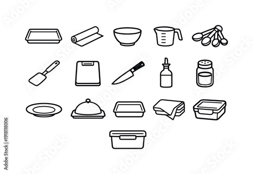 Home roasted vegetable sheet pan tools: baking tray, parchment paper, mixing bowl, measuring cup, measuring spoon, spatula, cutting board, chef knife