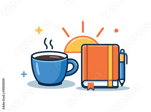 Healthy focus rituals and intentional start-of-day routine for professionals, a coffee cup paired with a notebook and a rising sun symbolizing