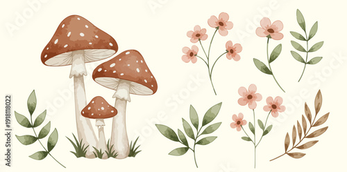 Watercolor illustration of amanita mushrooms and wildflowers in a natural setting