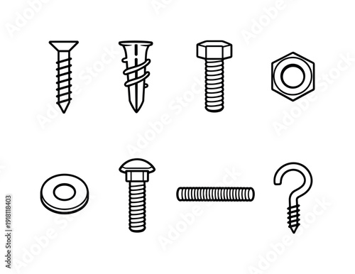 Home repair fasteners: wood screw, drywall anchor, machine bolt, hex nut, flat washer, carriage bolt, threaded rod, screw hook