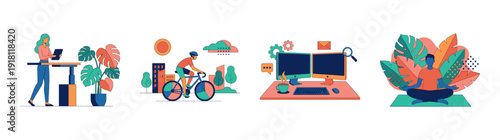 Flat Vector Remote Work and Healthy Lifestyle Illustration Set for Employee Wellness and Productivity