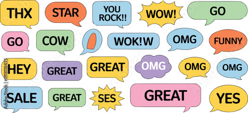 Collection of comic style speech bubbles with black borders and various textures for chat and design elements.