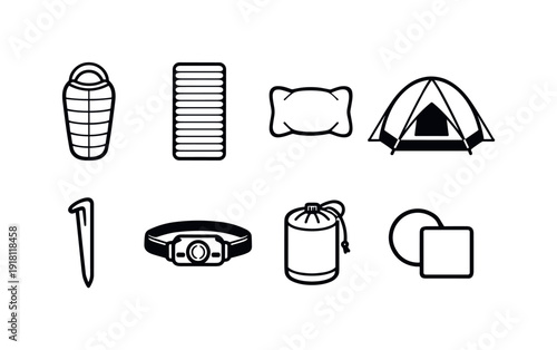 Outdoor camping sleeping gear: sleeping bag, sleeping pad, camping pillow, tent, ground stake, headlamp, stuff sack, repair patch