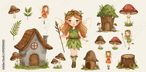 Whimsical illustration of a forest fairy standing with mushroom house and tree stumps