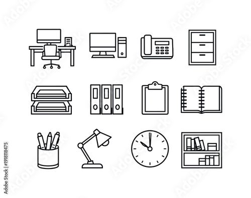 Workforce analytics administration workspace in linear style: office desk, desktop computer, desk phone, filing cabinet, document tray, binder