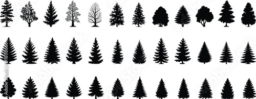 Collection of black tree silhouettes featuring evergreen and deciduous forest shapes, vector illustration set isolated on white background for design projects use