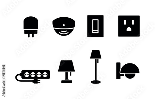Home night lighting items: night light, motion sensor, light switch, power outlet, extension cord, table lamp, floor lamp, wall sconce
