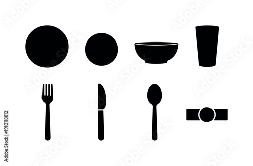 Home table setting items: dinner plate, side plate, soup bowl, drinking glass, fork, knife, spoon, napkin ring