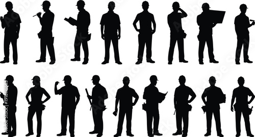Construction worker silhouettes set showing builders, engineers, and laborers in different poses, industrial safety helmets, teamwork concept illustration on white background isolated