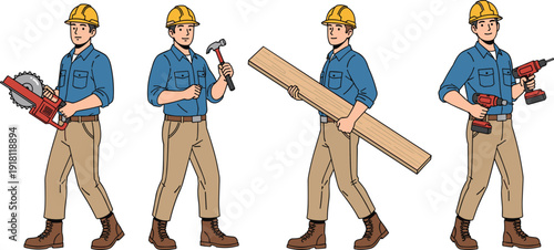 Construction worker character set holding tools and materials, professional builder in different poses, handyman labor illustration isolated on white background vector