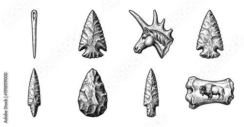 Set of prehistoric stone tools and bone artifacts featuring primitive flint arrowheads, a bone needle, and engraved animal carvings in a vintage woodcut engraving style.