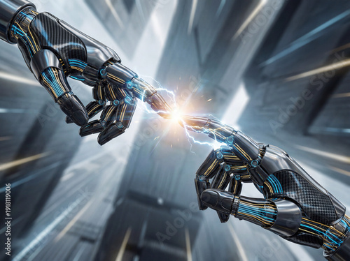 Deux mains robotiques se touchant du bout des doigts en style ultra moderne avec design futuriste et intelligence artificielle