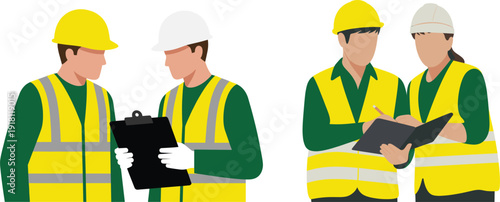 Construction workers wearing safety helmets and reflective vests reviewing documents on clipboard, teamwork and inspection concept, flat vector illustration isolated on white background