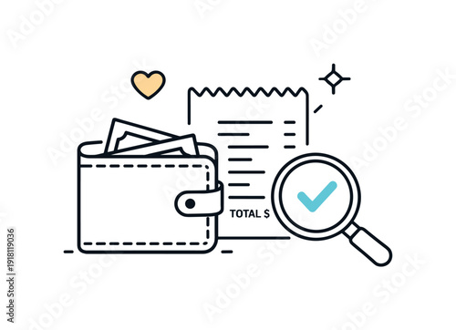 Mindful personal finance review and spending awareness in everyday life focused on responsibility, a wallet opened beside a receipt and small