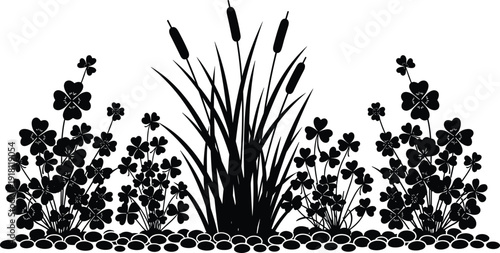 Vector Illustration of Aquatic Plants with Cattail Reeds and Clover Grass for Nature Wildlife Wetland Environment Garden and Minimalist Landscape Graphic Designs