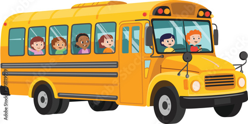 Yellow school bus vector illustration with happy children passengers and driver isolated on white background for educational design projects