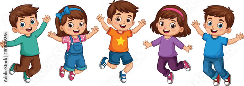 Five happy cartoon children jumping and waving arms Keywords: children, kids, happy, jumping, waving, excited, energetic