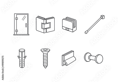 Home bathroom glass hardware: shower panel, glass hinge, clamp bracket, support bar, wall anchor, mounting screw, gasket strip, handle knob