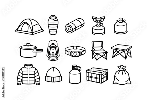 Outdoor sunrise camping gear: dome tent, sleeping bag, sleeping pad, camp stove, fuel canister, cooking pot, lantern, headlamp, folding chair, folding