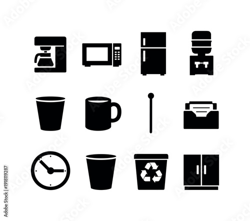 Office breakroom items: coffee machine, microwave, refrigerator, water dispenser, paper cup, coffee mug, stir stick, napkin holder, trash bin