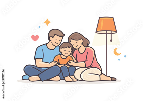 Peaceful family evening at home centered on rest and emotional closeness after a full day, two adults and a child sitting close together near a floor