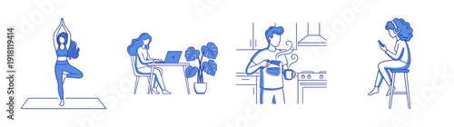 Minimalist Blue Line Art Lifestyle and Wellness Illustration Element Kit for Modern Productivity Content