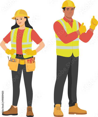 Male and female construction workers in safety vests and hard hats with tool belt and thumbs up gesture isolated on white background