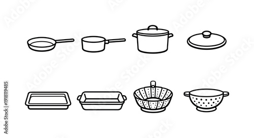 Home kitchen cookware basics: frying pan, saucepan, stockpot, lid, baking tray, roasting dish, steamer basket, colander