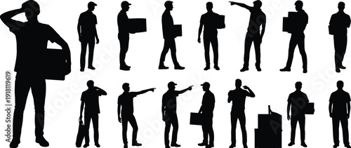 Set of delivery man and worker silhouettes carrying boxes, pointing gestures and standing poses, black vector illustration collection isolated on white background