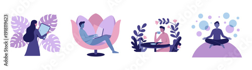 Flat Vector Mindfulness and Remote Work Lifestyle Graphic Set for Wellness and Productivity Apps