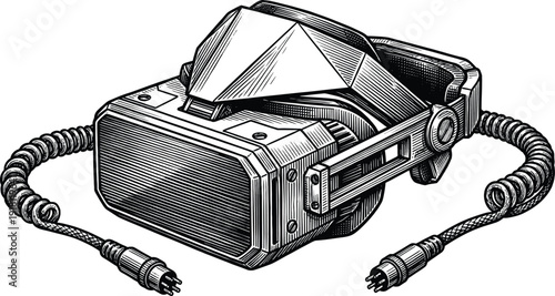 Retro virtual reality headset illustration with cables, vintage VR goggles, detailed hand drawn engraving style technology device isolated on white background vector
