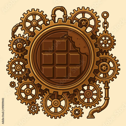 Chocolate bar with gears and machinery background in a steampunk style