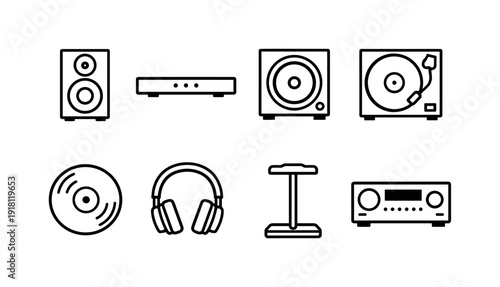Home audio equipment: bookshelf speaker, soundbar, subwoofer, turntable, vinyl record, headphone, headphone stand, audio receiver