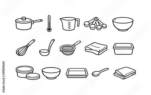 Home cottage cheese making tools: saucepan, thermometer, measuring cup, measuring spoon, mixing bowl, whisk, ladle, strainer, cheese cloth, storage