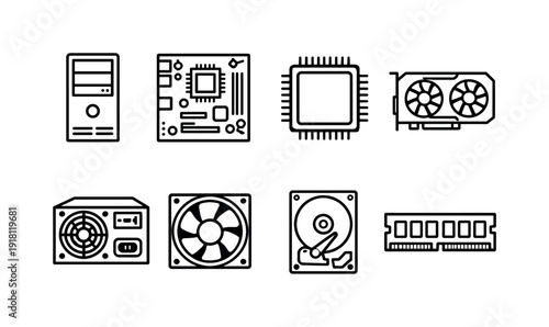 Computer hardware components: desktop tower, motherboard, processor chip, graphics card, power supply, cooling fan, hard drive, memory module