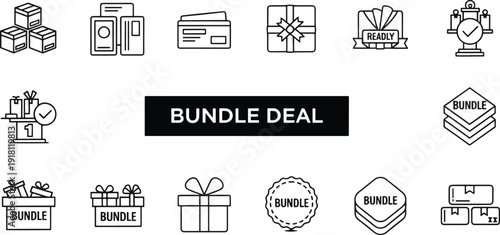 Bundle Deal Icon Set – Vector Gift Box, Product Combo, and Bulk Savings Outlines