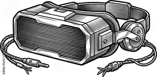 Vintage virtual reality headset illustration, retro VR goggles with cables and straps, hand drawn engraving style technology device isolated on white background
