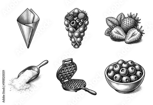 Vintage engraving style collection of bubble waffle ingredients and tools including berries, scoop, and waffle iron