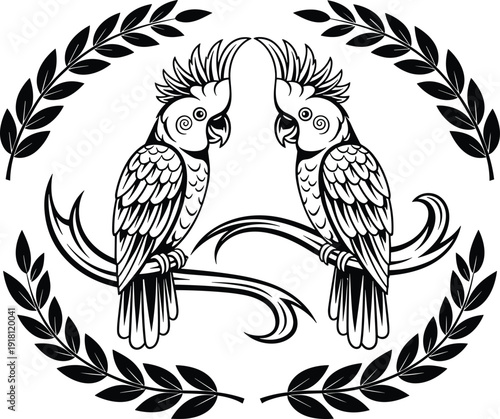 Vector Illustration of Cockatoo Pair Perched on Branches with Laurel Wreath Frame for Tropical Nature Wildlife Bird Sanctuary and Floral Crest Designs