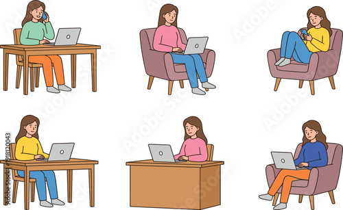 Women working from home using laptop computers, remote work lifestyle, online communication, freelance jobs, modern workspace illustration set for business technology concept