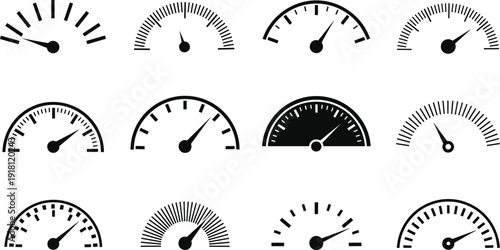 Collection, of, black, speedometer, icons, vector, illustration, set, for, dashboard, measurement, performance, gauge, speed, indicator, automotive, dial, fast, interface, technical,